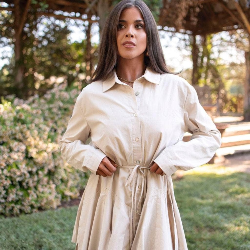 Button-Front Drawstring Waist Shirt Dress in Beige